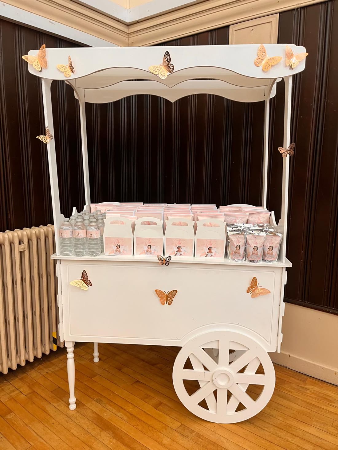 Blush & gold butterfly favour cart — gift bags, boxes & drinks