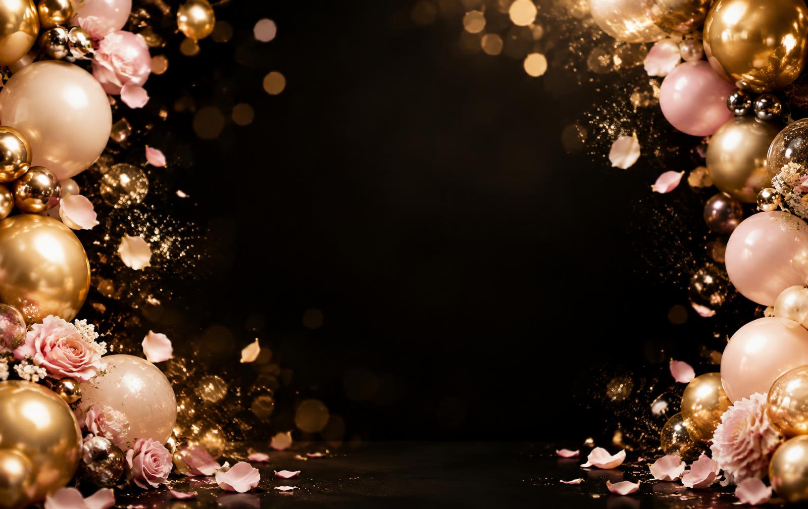 Gold and blush balloon backdrop with rose petals